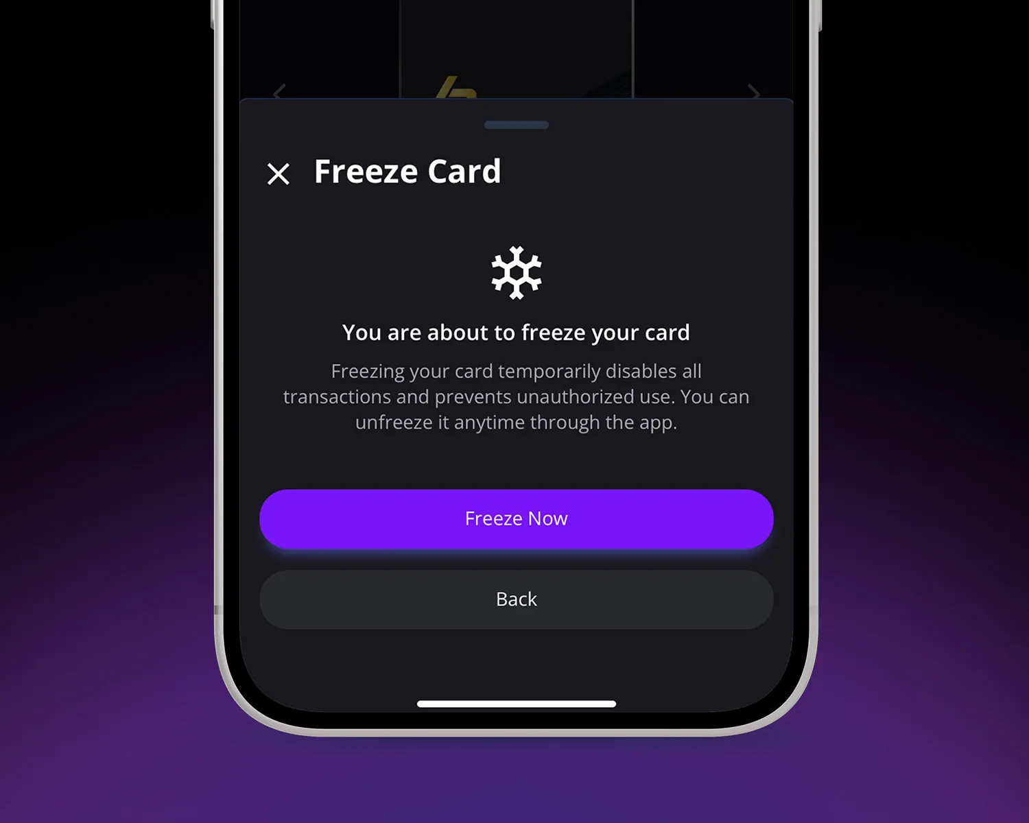 Freezing the Bitzaro Card from the Wallet app