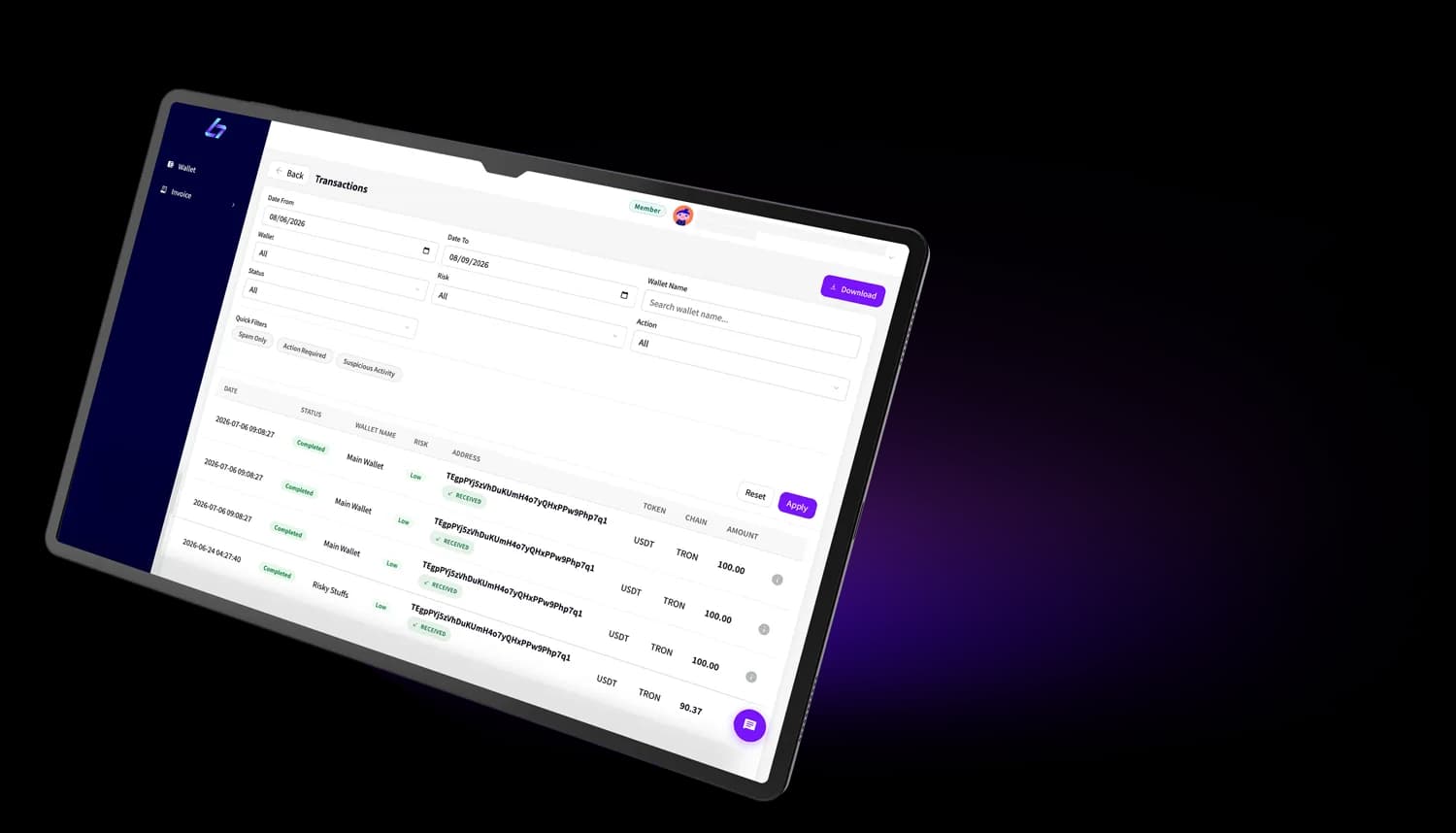 The Bitzaro Invoice dashboard on a tablet
