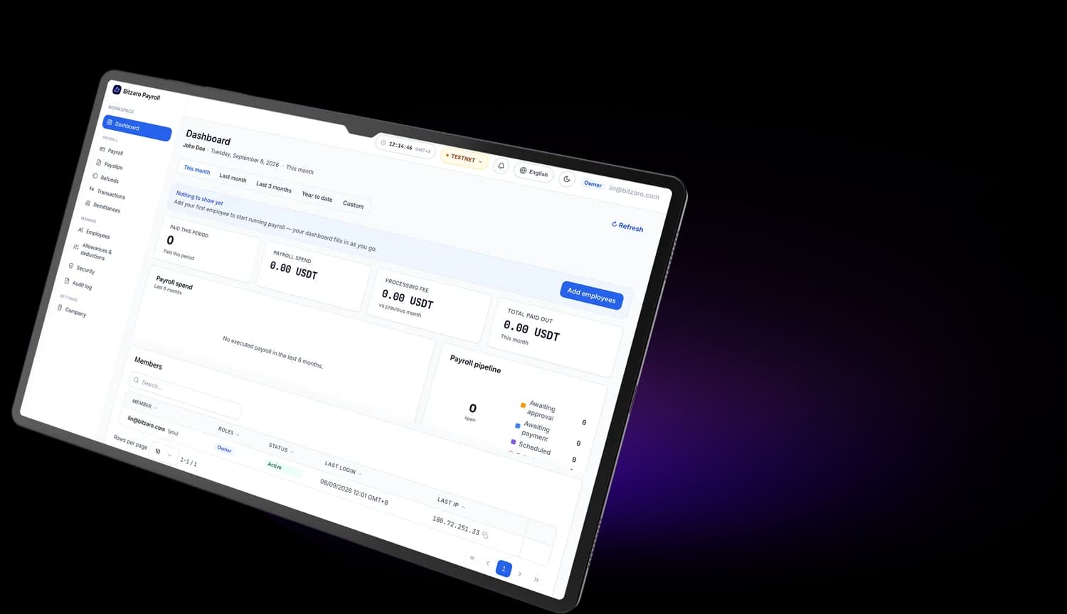 The Bitzaro Payroll dashboard on a tablet
